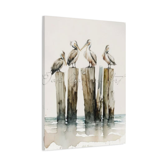 Pelicans Sitting On Wooden Blocks Wall Art & Canvas Prints