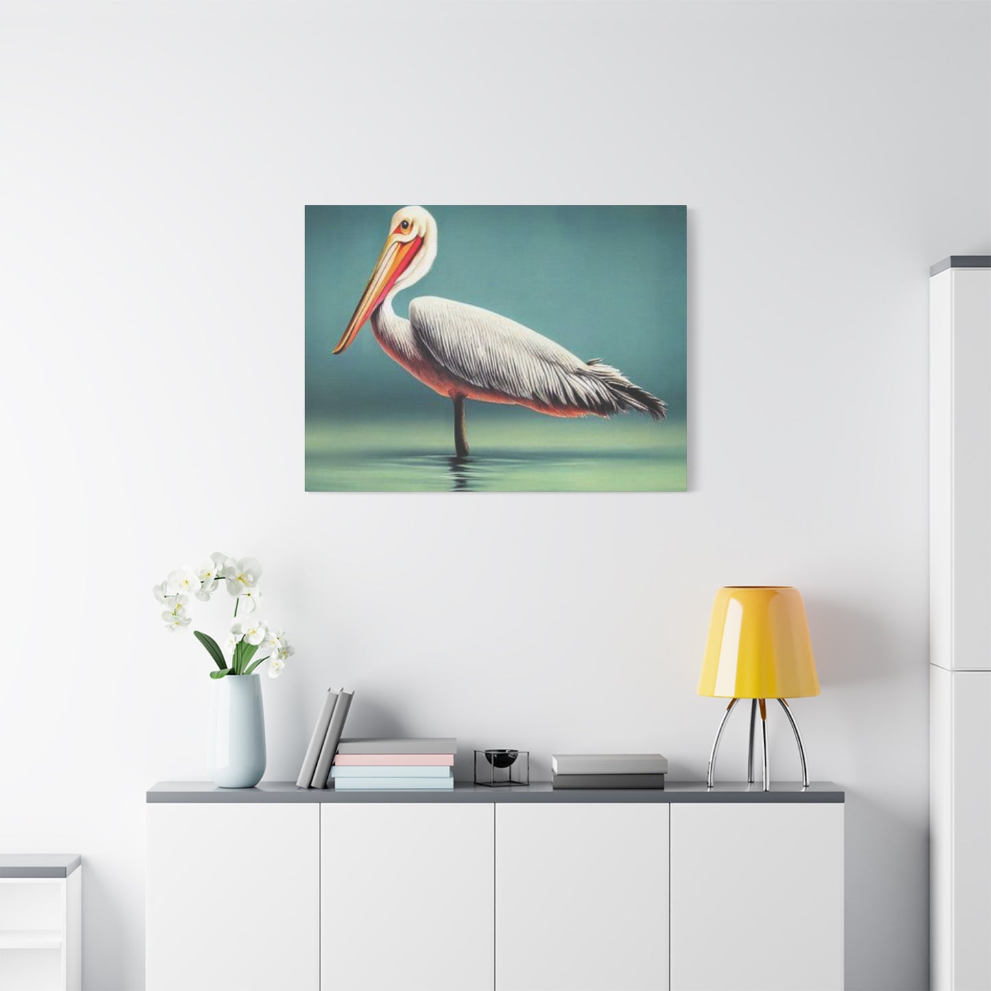 Long Beak Pelican In Pond Wall Art & Canvas Prints