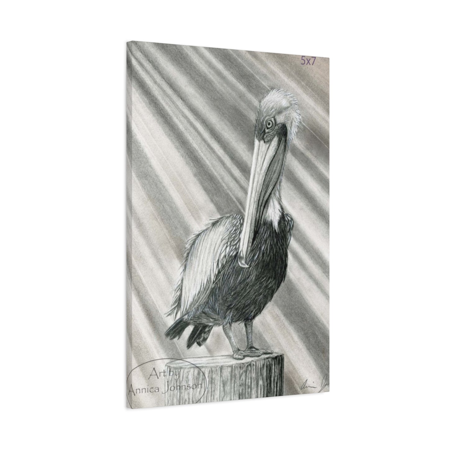 Black & White Pelican Sitting On A Wooden Block Poster Wall Art & Canvas Prints