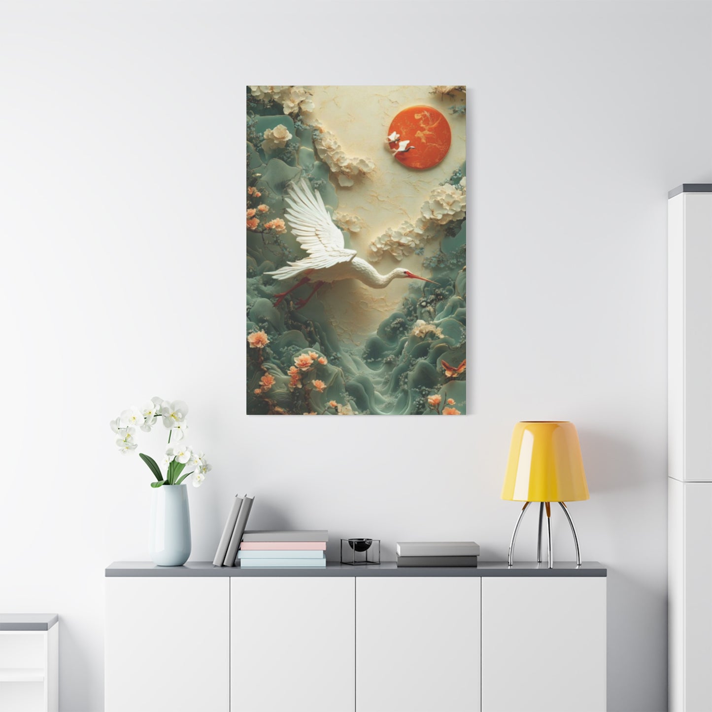 White Heron & Sun Painting Wall Art & Canvas Prints