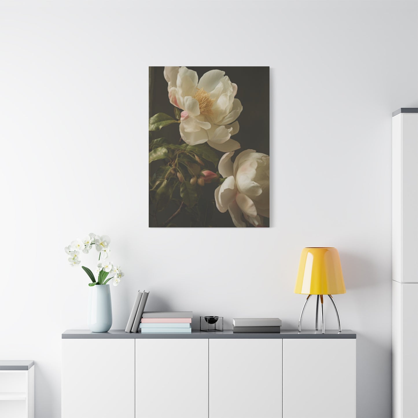 White on Black Background Magnolia Flower Wall Art & Canvas Prints