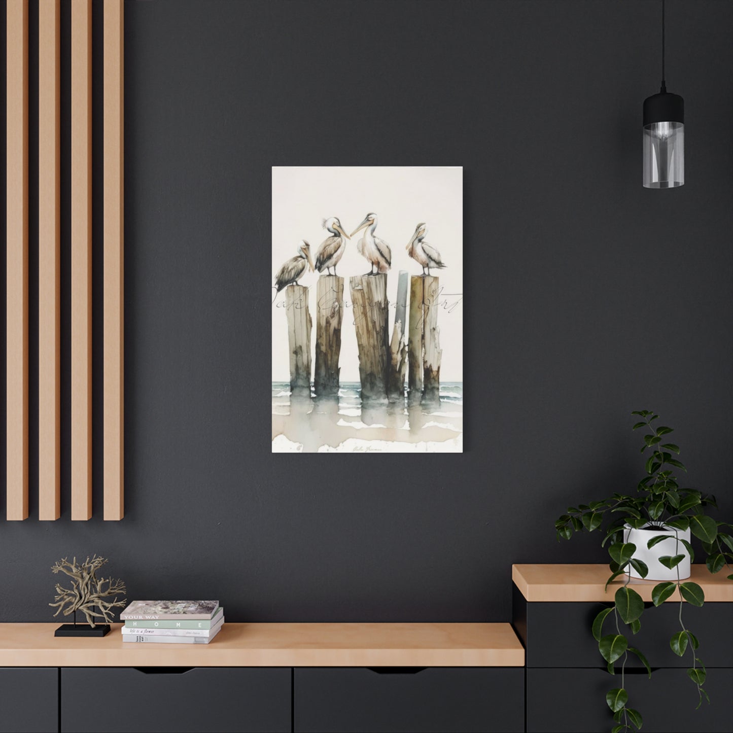 Pelicans Sitting On Wooden Blocks Wall Art & Canvas Prints