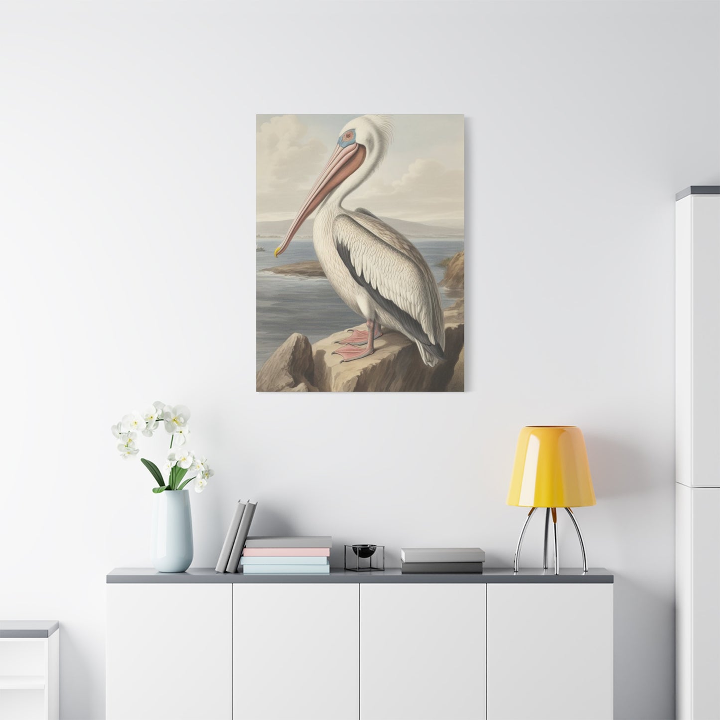 Long Beak Pelican Sitting On Cliff Wall Art & Canvas Prints