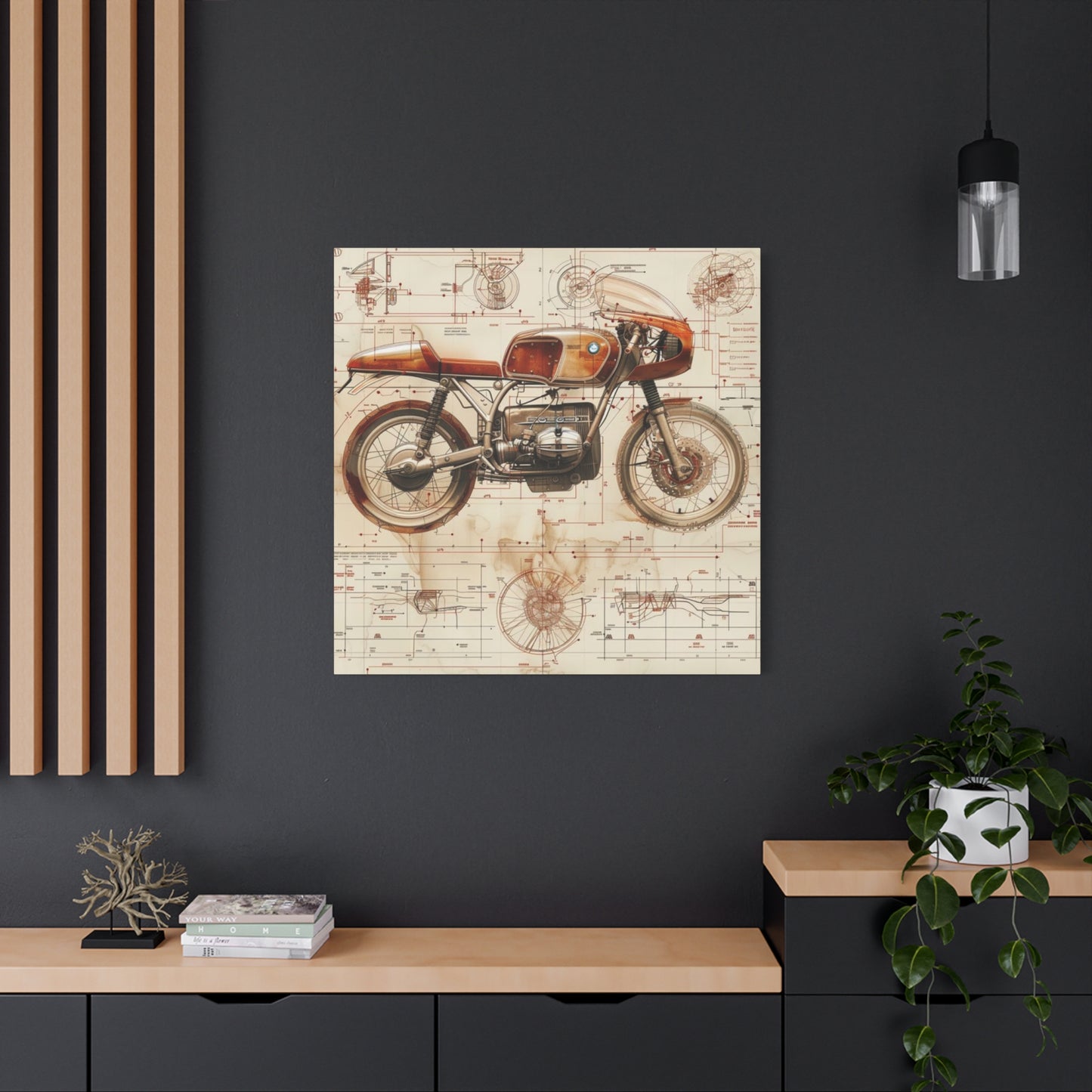 Retro Cafe Racer Blueprint Motorcycle Wall Art & Canvas Prints