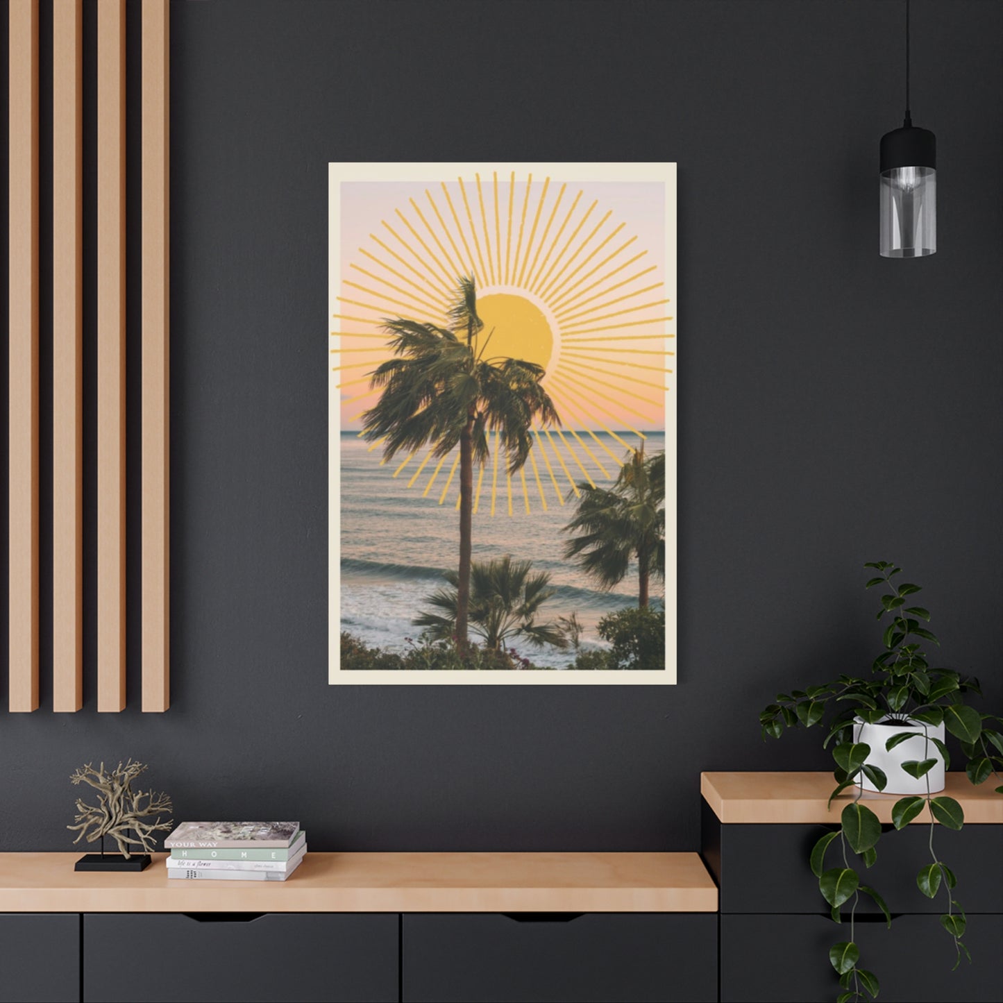 Sunset & Palm Tree On The Beach Wall Art & Canvas Prints