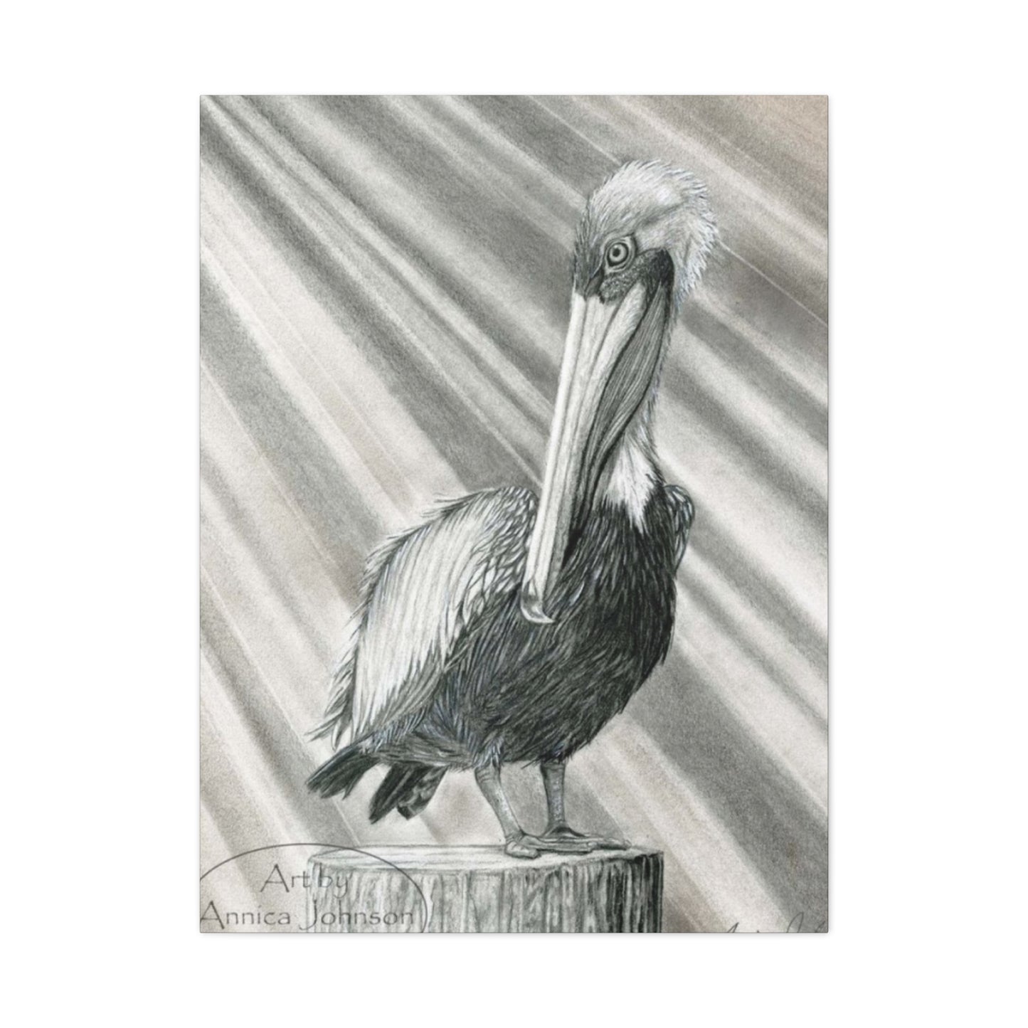 Black & White Pelican Sitting On A Wooden Block Poster Wall Art & Canvas Prints