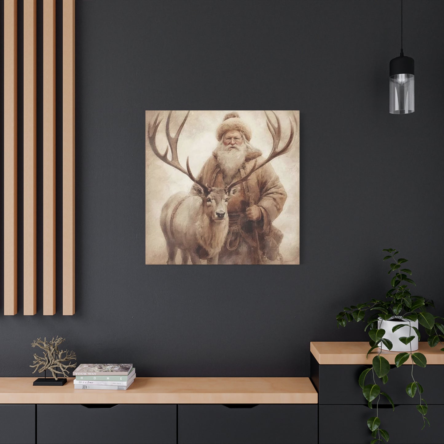 Santa Posing With Reindeer Wall Art & Canvas Prints