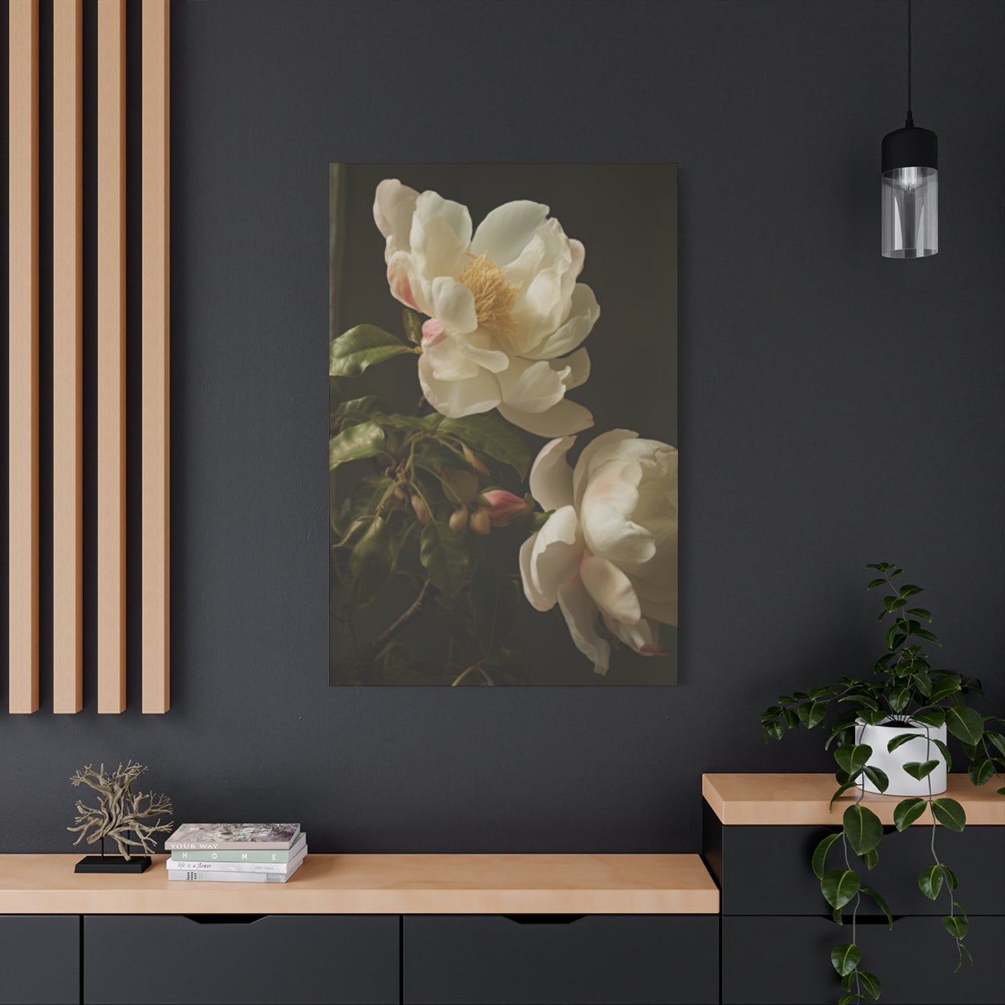 White on Black Background Magnolia Flower Wall Art & Canvas Prints