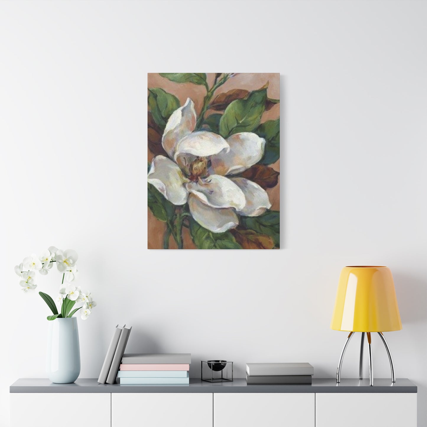 White Magnolia Flower with Leaves Painting Wall Art & Canvas Prints