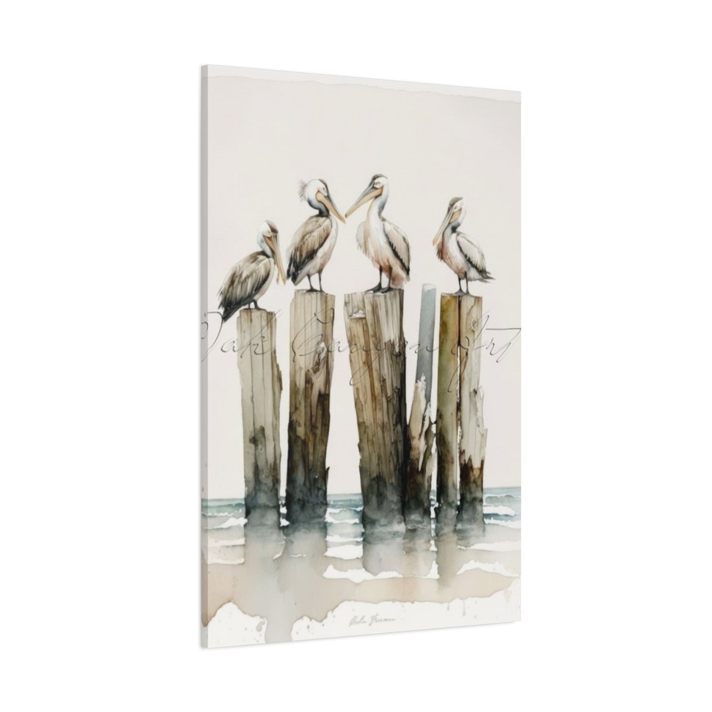 Pelicans Sitting On Wooden Blocks Wall Art & Canvas Prints