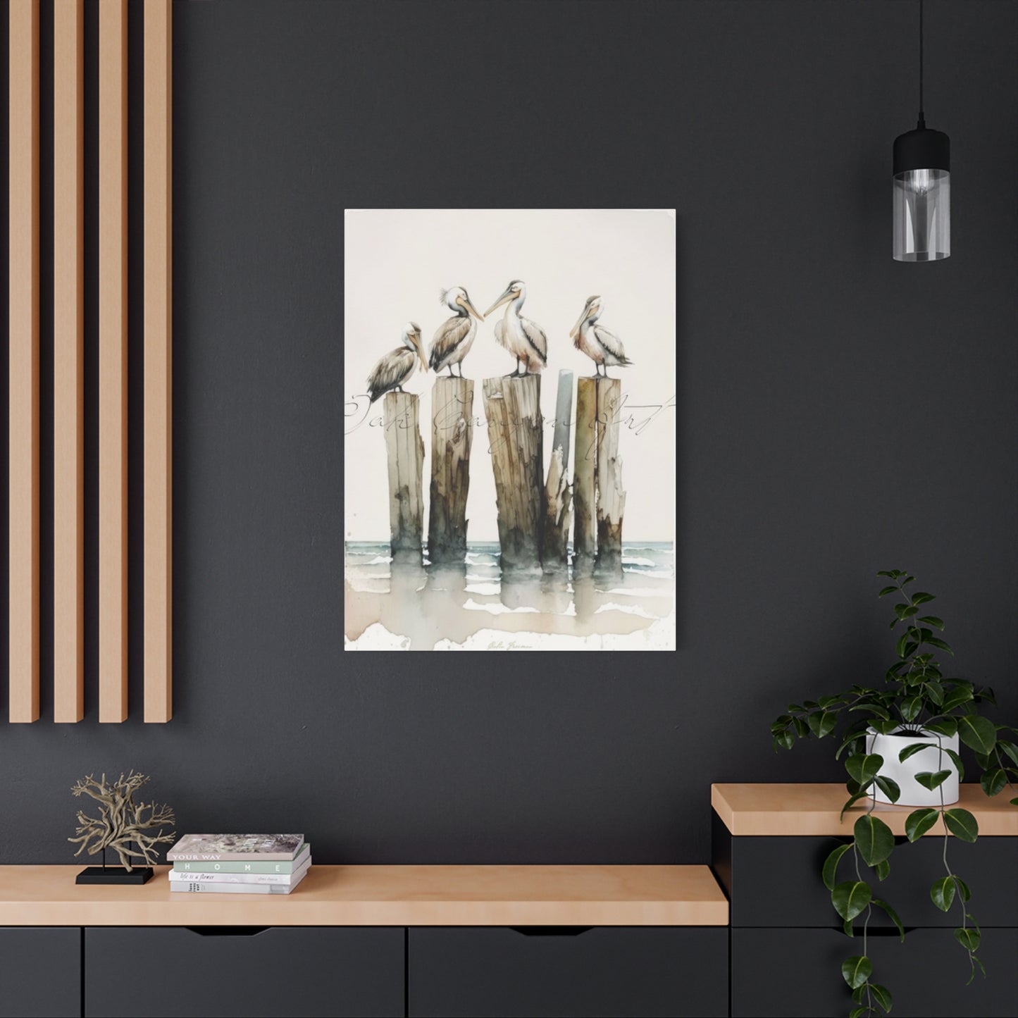 Pelicans Sitting On Wooden Blocks Wall Art & Canvas Prints