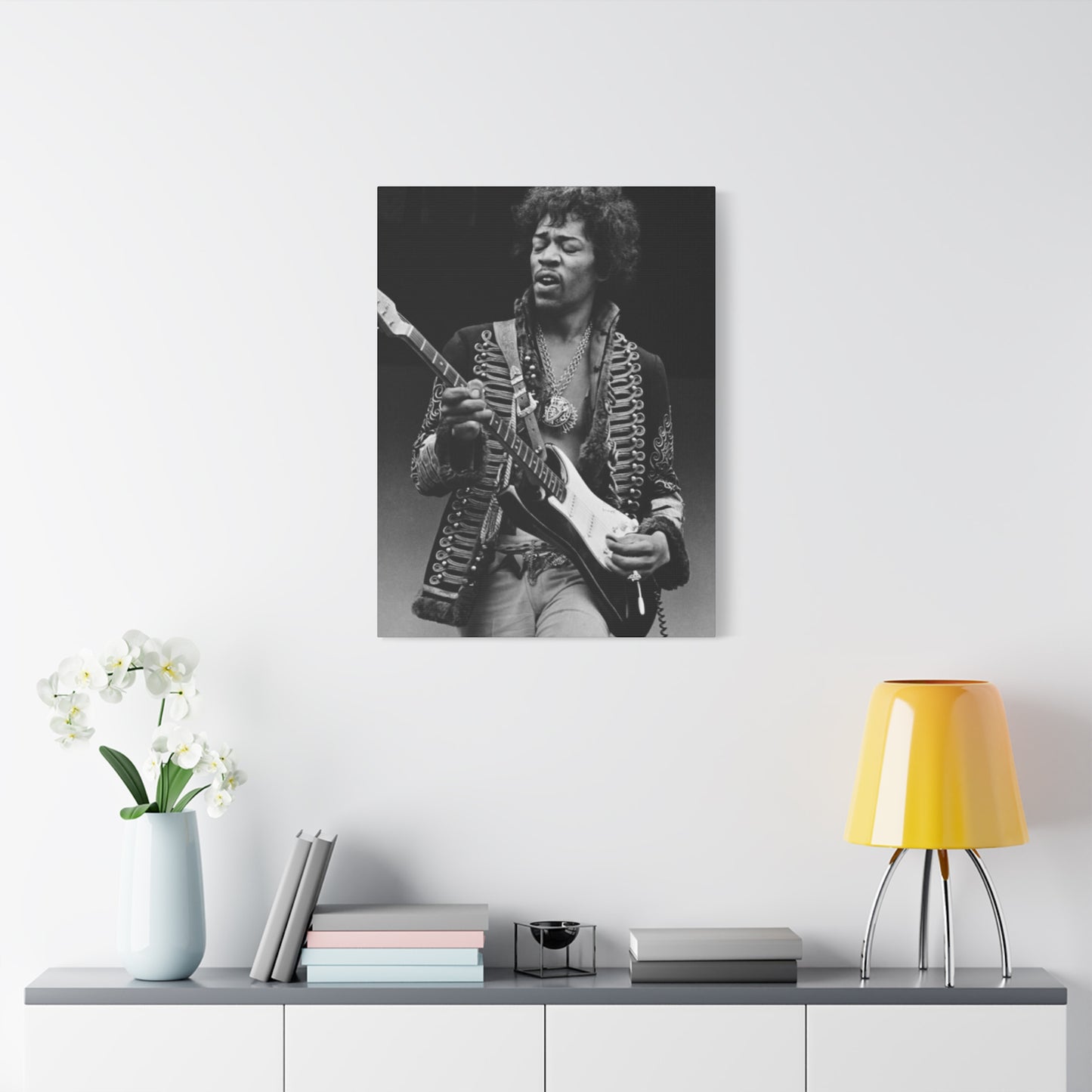 Greyscale Jimi Hendrix Playing Guitar Poster Wall Art & Canvas Prints