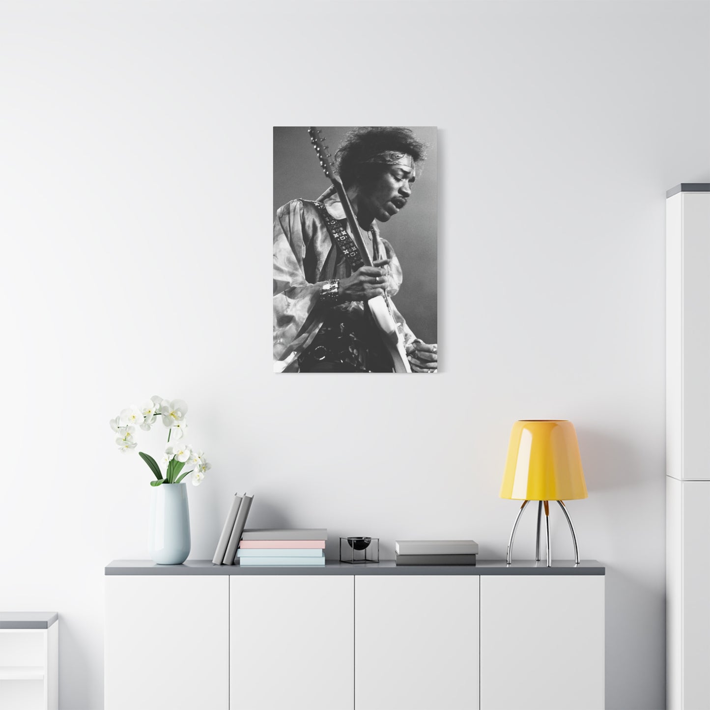 Greyscale Jimi Hendrix Playing Guitar Wall Art & Canvas Prints