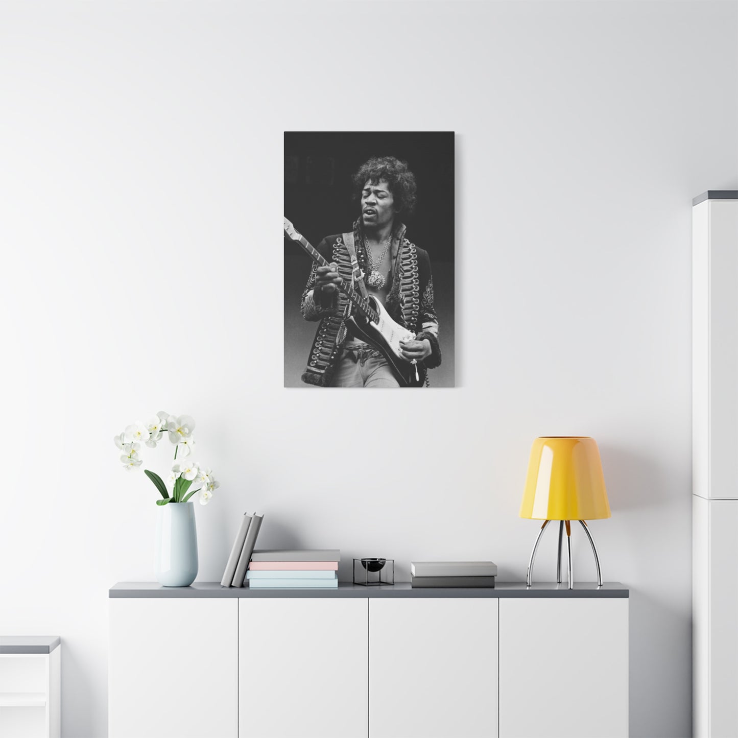 Greyscale Jimi Hendrix Playing Guitar Poster Wall Art & Canvas Prints