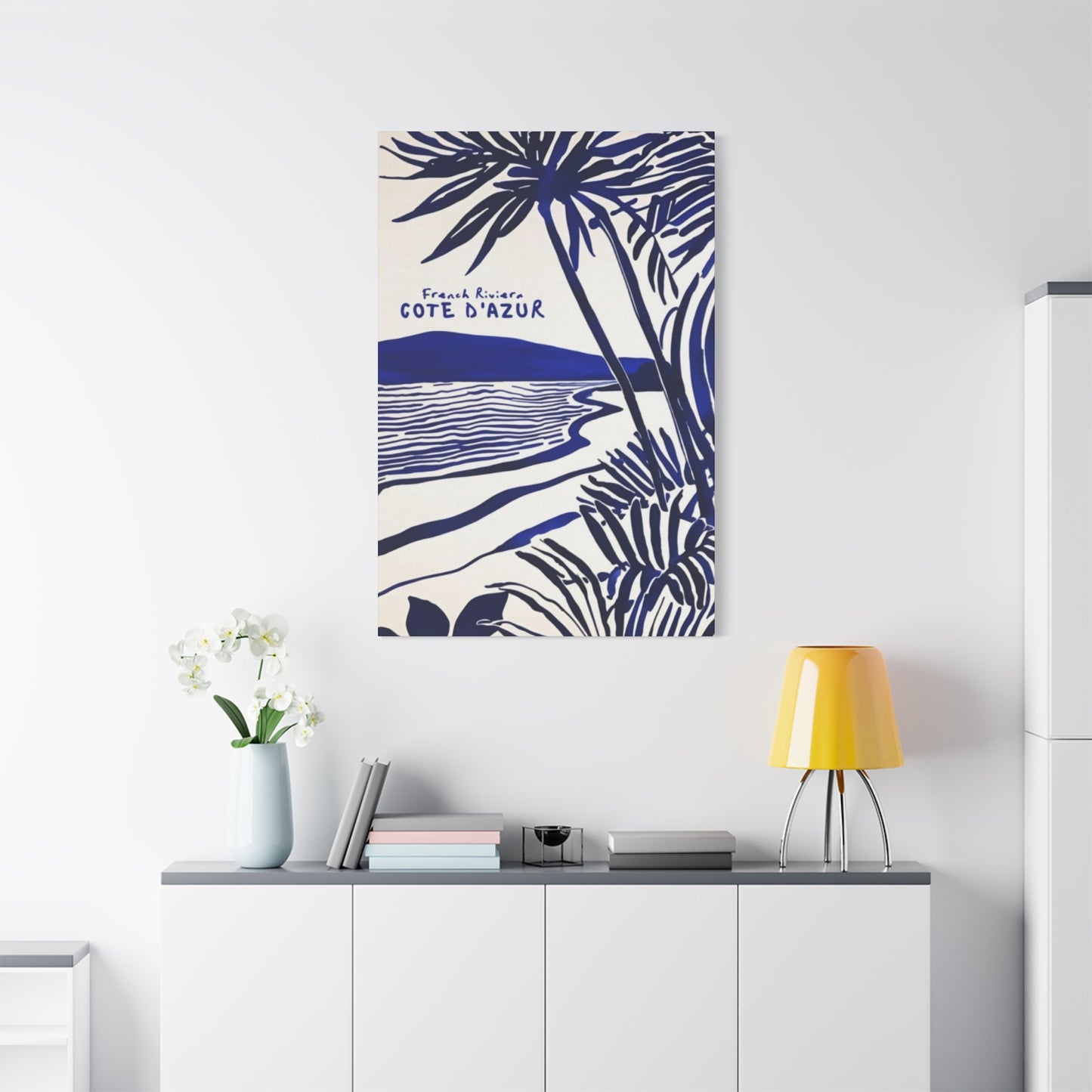 Blue Drawing Palm Tree On Beach Wall Art & Canvas Prints