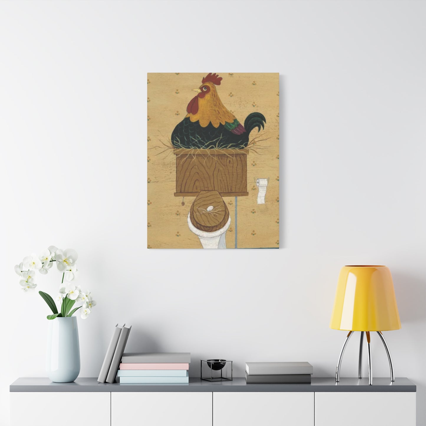 Chicken On Toilet Seat Kimble Warren Wall Art & Canvas Prints