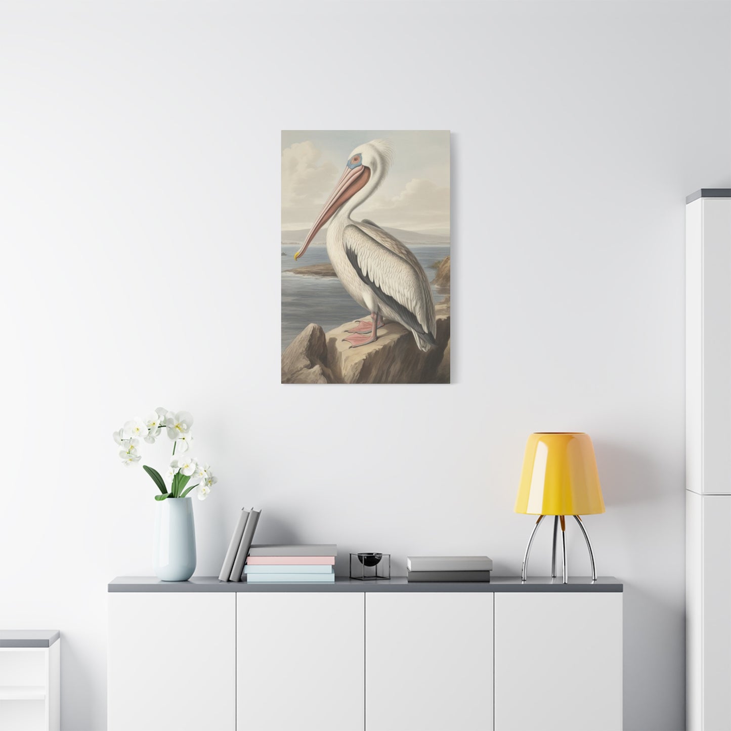 Long Beak Pelican Sitting On Cliff Wall Art & Canvas Prints