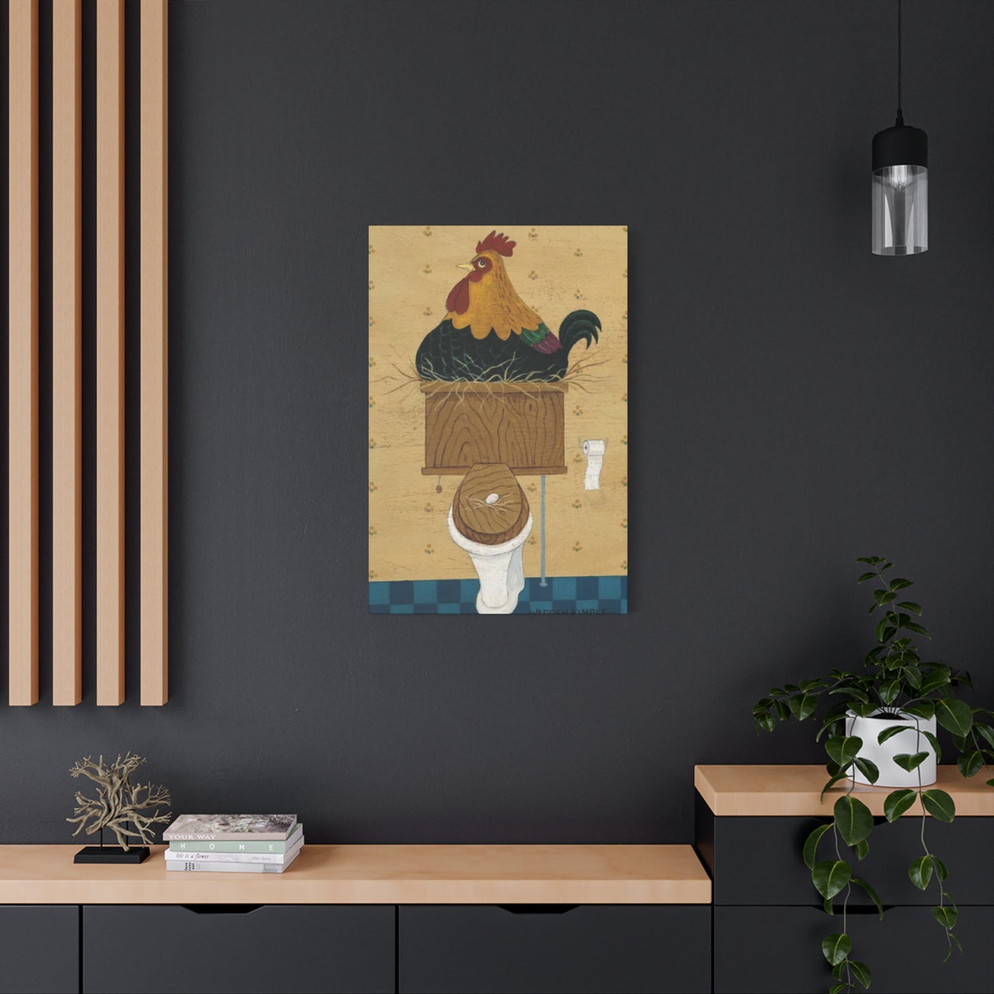 Chicken On Toilet Seat Kimble Warren Wall Art & Canvas Prints