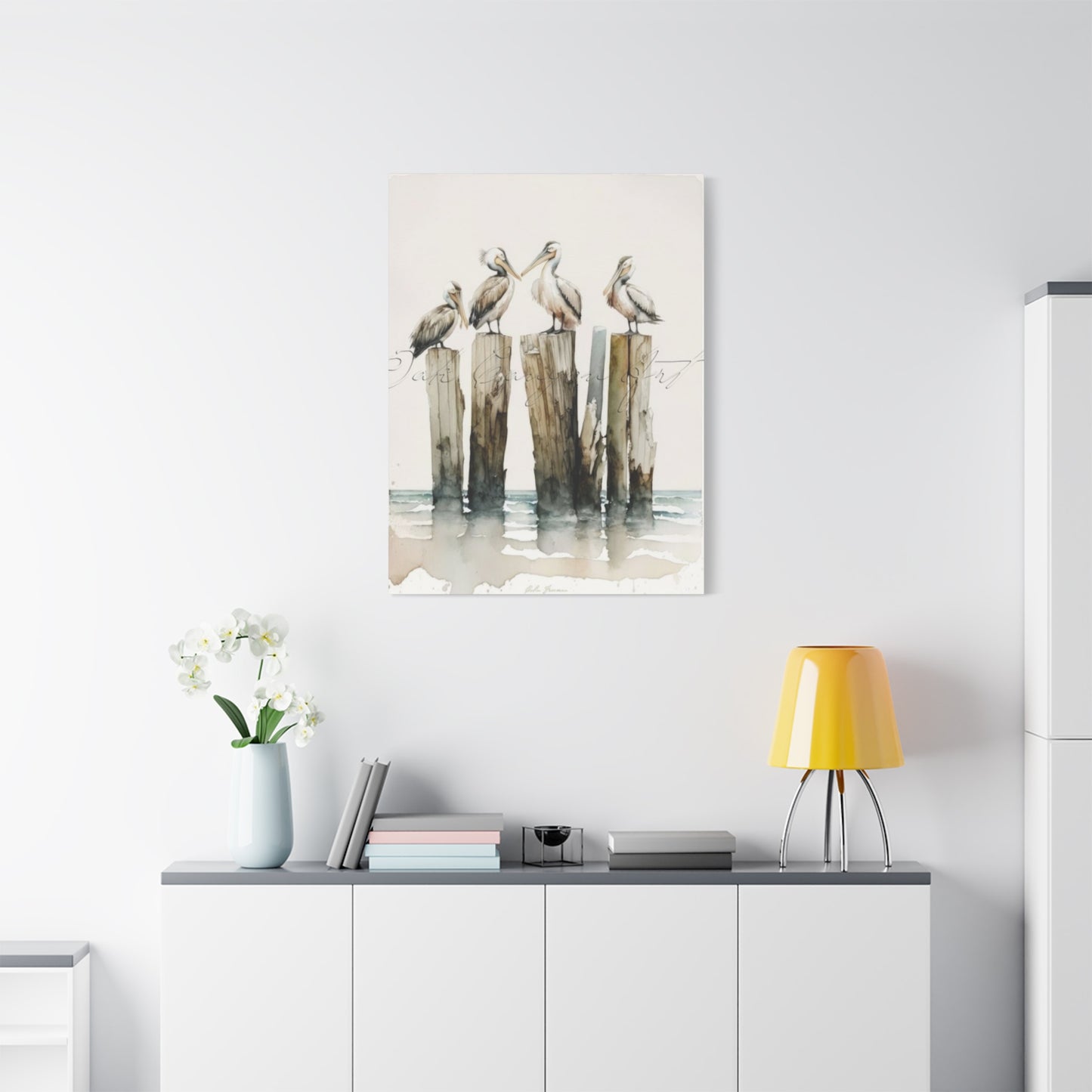 Pelicans Sitting On Wooden Blocks Wall Art & Canvas Prints