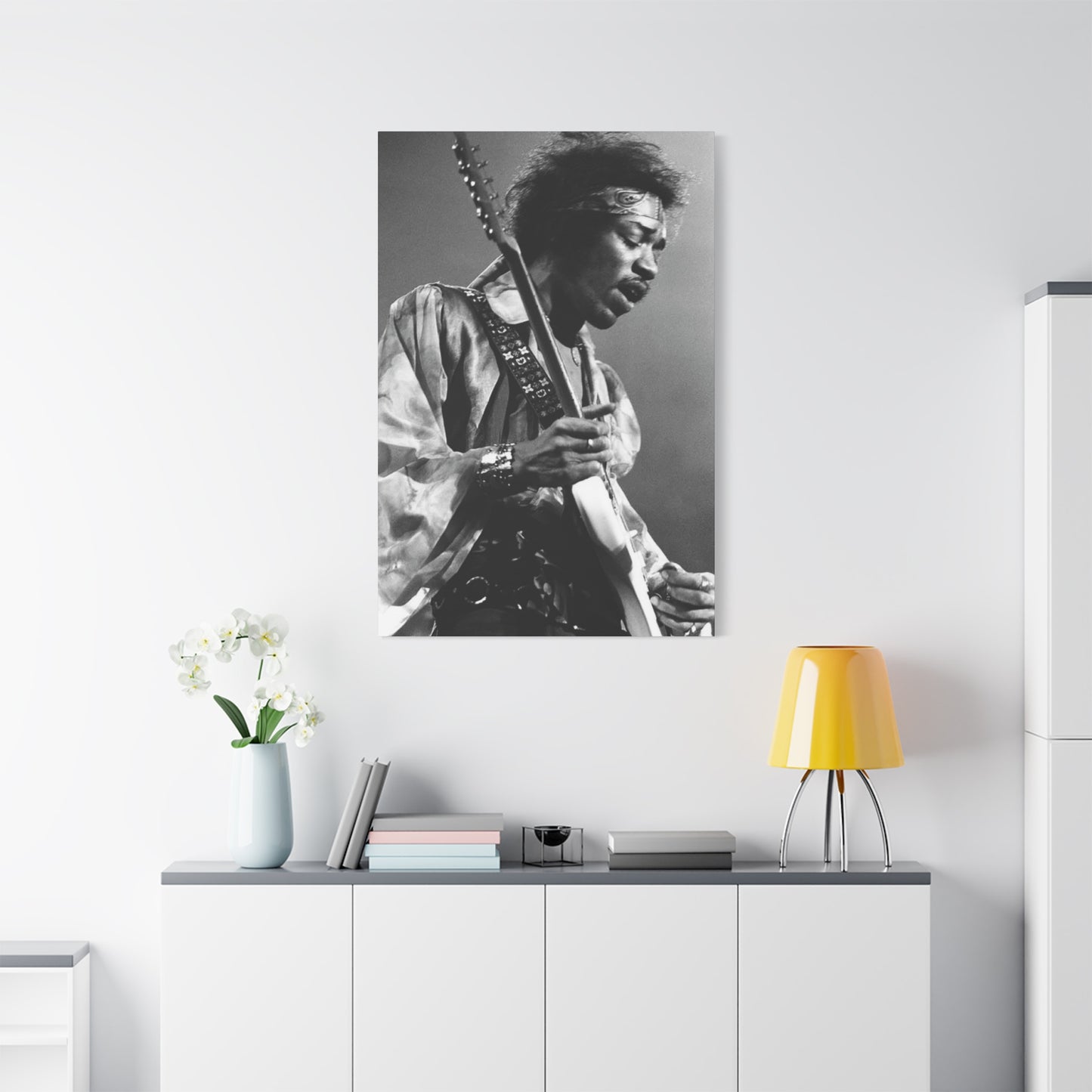 Greyscale Jimi Hendrix Playing Guitar Wall Art & Canvas Prints