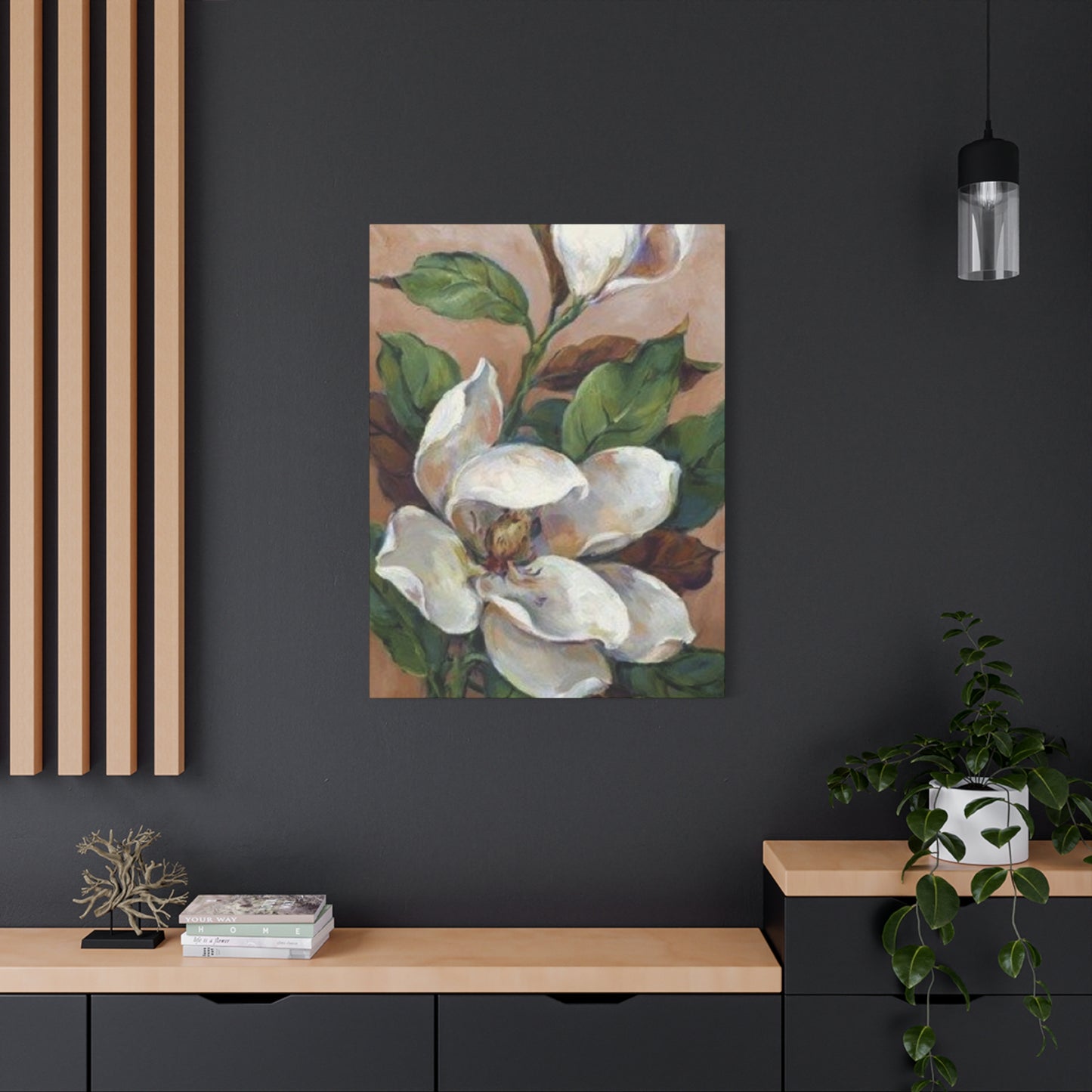 White Magnolia Flower with Leaves Painting Wall Art & Canvas Prints