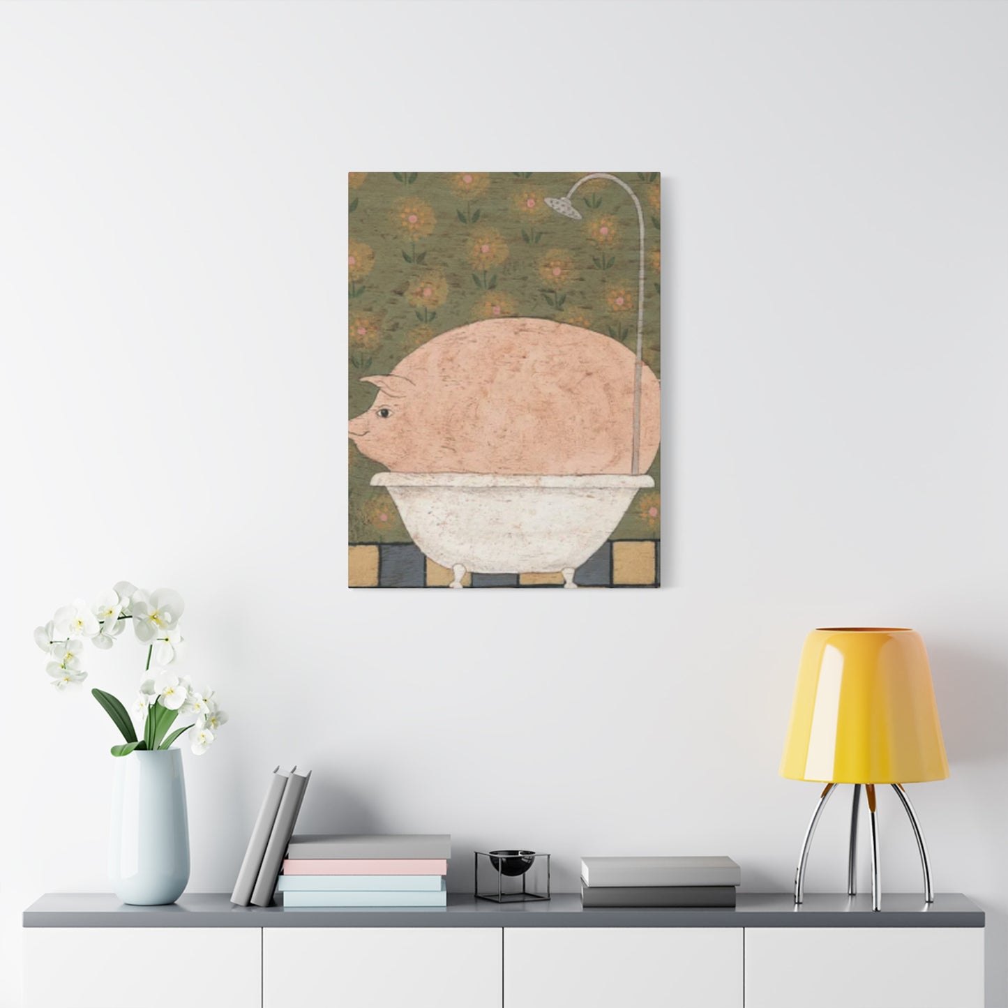 Fat Pig In Bathtub Kimble Warren Wall Art & Canvas Prints