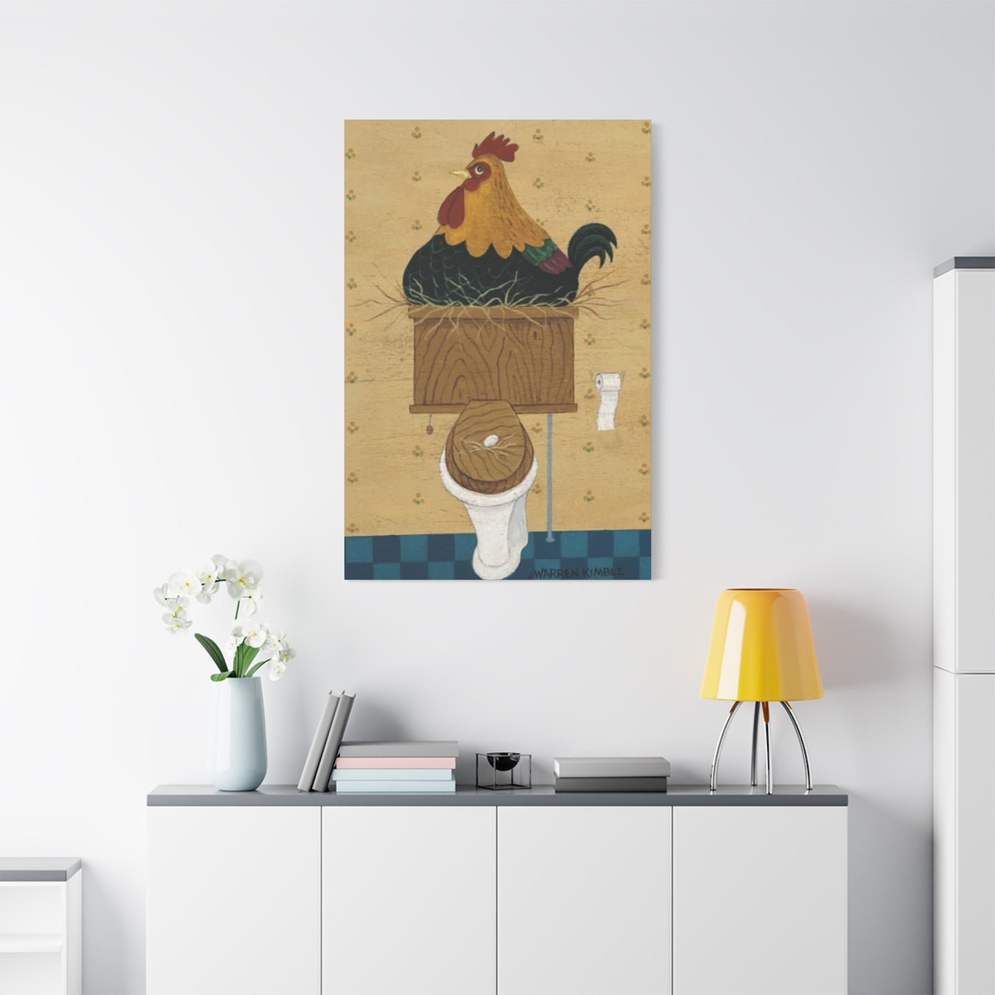 Chicken On Toilet Seat Kimble Warren Wall Art & Canvas Prints