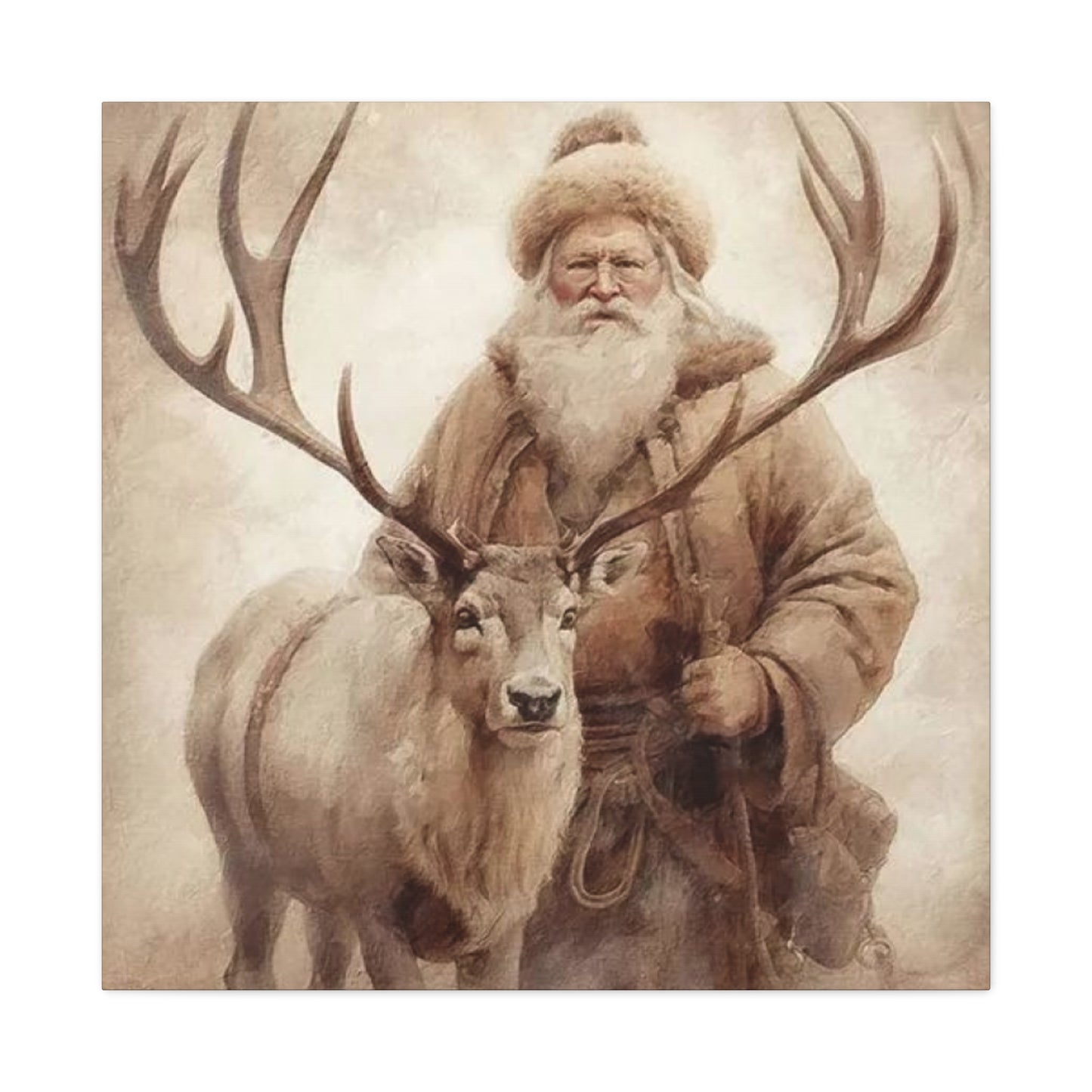 Santa Posing With Reindeer Wall Art & Canvas Prints