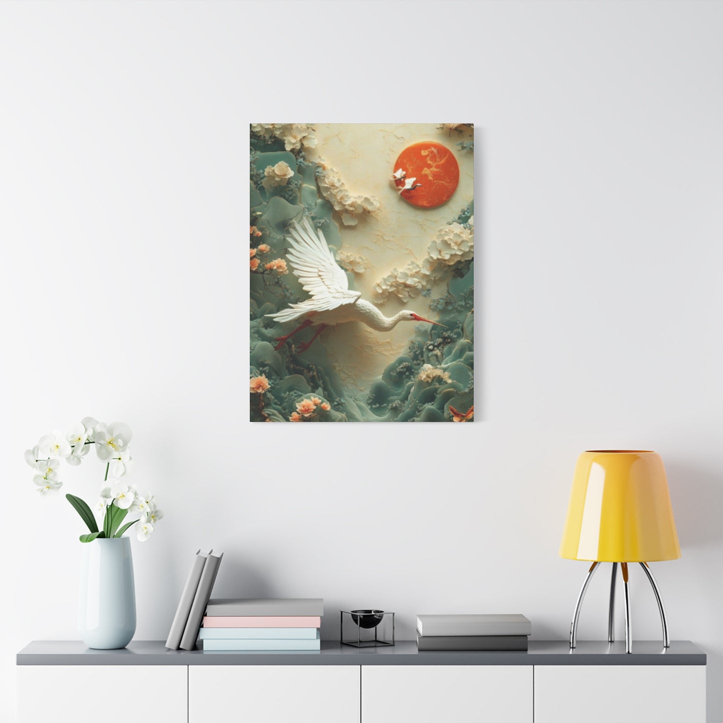 White Heron & Sun Painting Wall Art & Canvas Prints