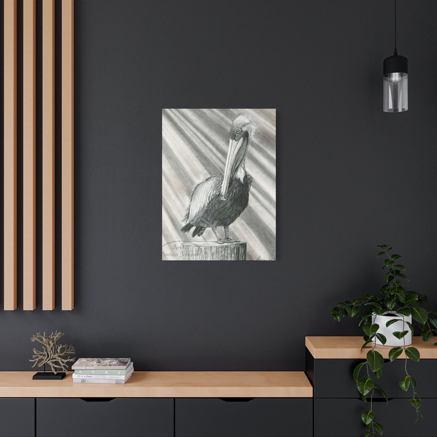 Black & White Pelican Sitting On A Wooden Block Poster Wall Art & Canvas Prints