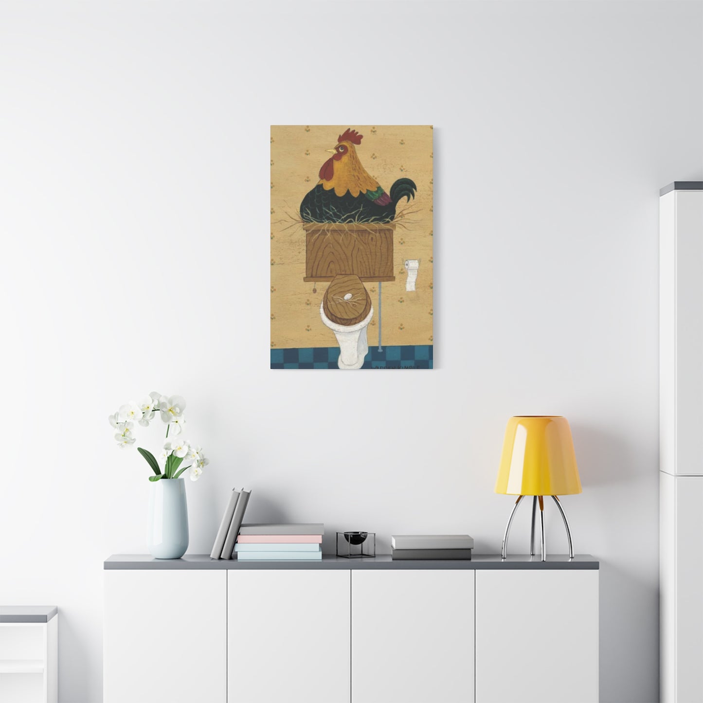 Chicken On Toilet Seat Kimble Warren Wall Art & Canvas Prints