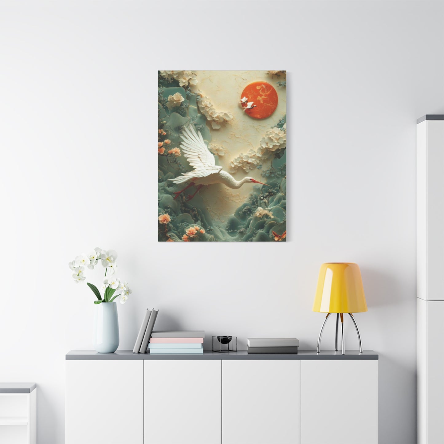 White Heron & Sun Painting Wall Art & Canvas Prints