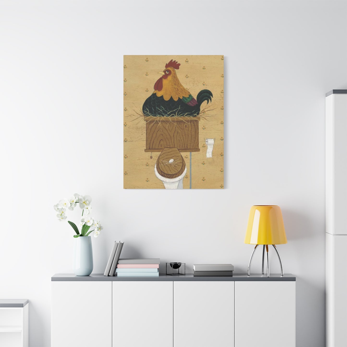 Chicken On Toilet Seat Kimble Warren Wall Art & Canvas Prints