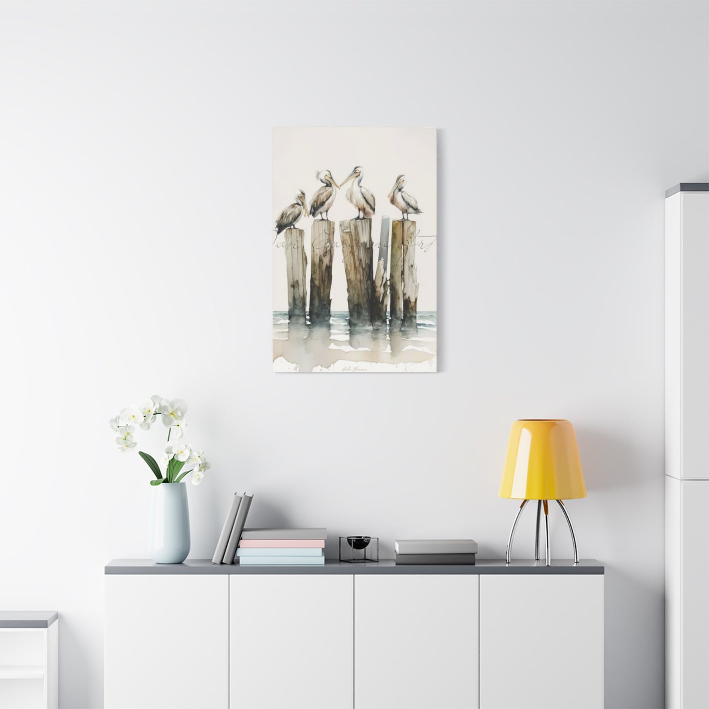 Pelicans Sitting On Wooden Blocks Wall Art & Canvas Prints