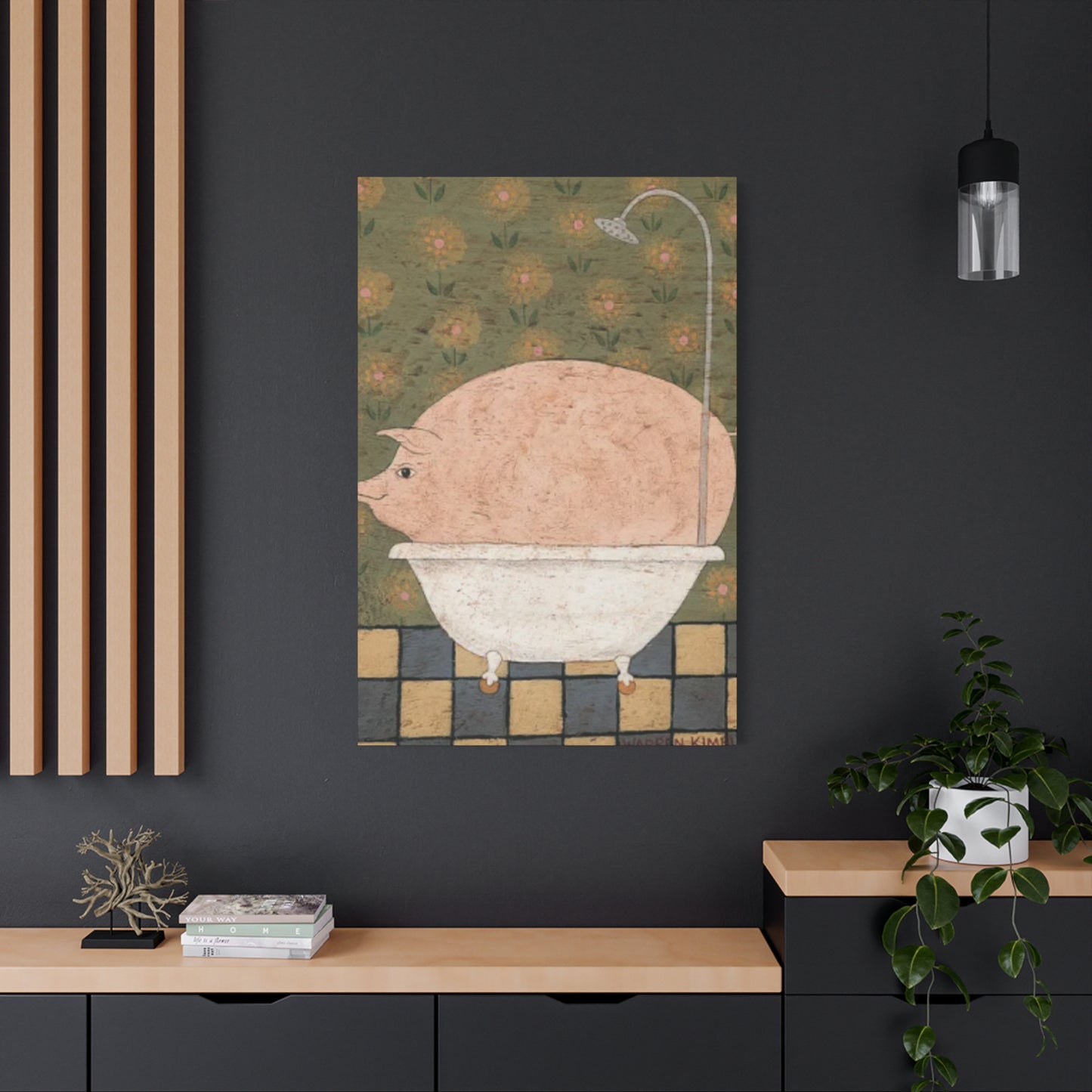 Fat Pig In Bathtub Kimble Warren Wall Art & Canvas Prints