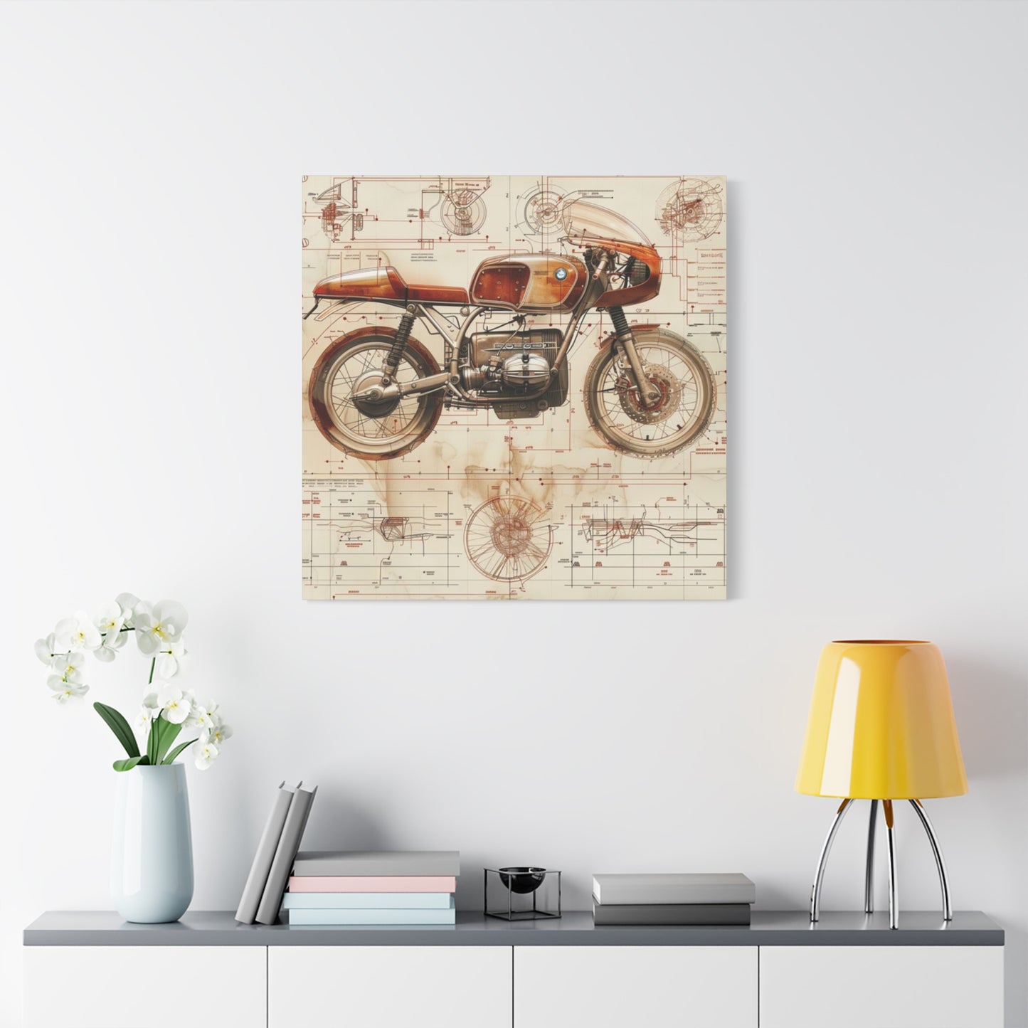 Retro Cafe Racer Blueprint Motorcycle Wall Art & Canvas Prints