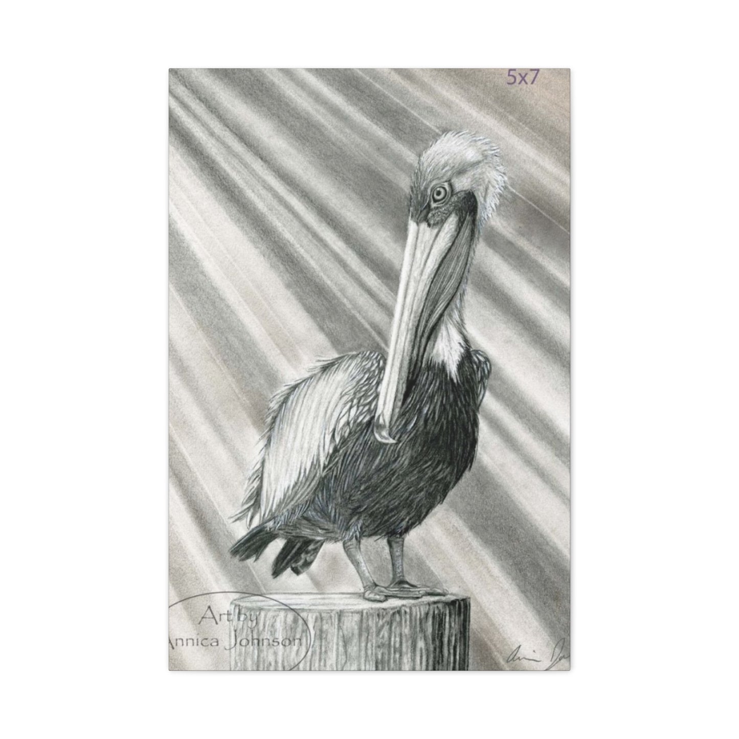 Black & White Pelican Sitting On A Wooden Block Poster Wall Art & Canvas Prints