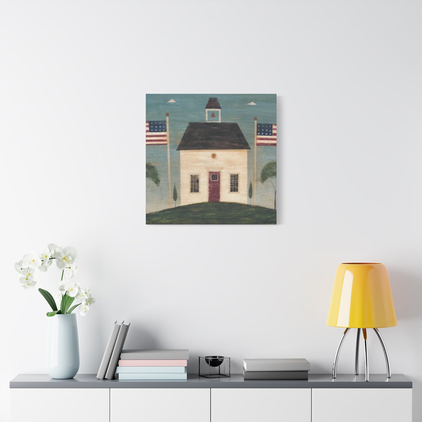 House with Two USA Flags Wall Art & Canvas Prints