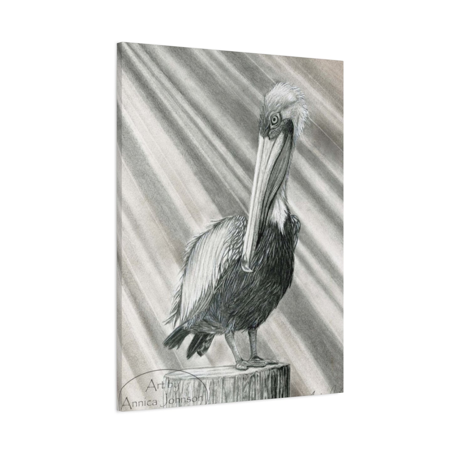 Black & White Pelican Sitting On A Wooden Block Poster Wall Art & Canvas Prints