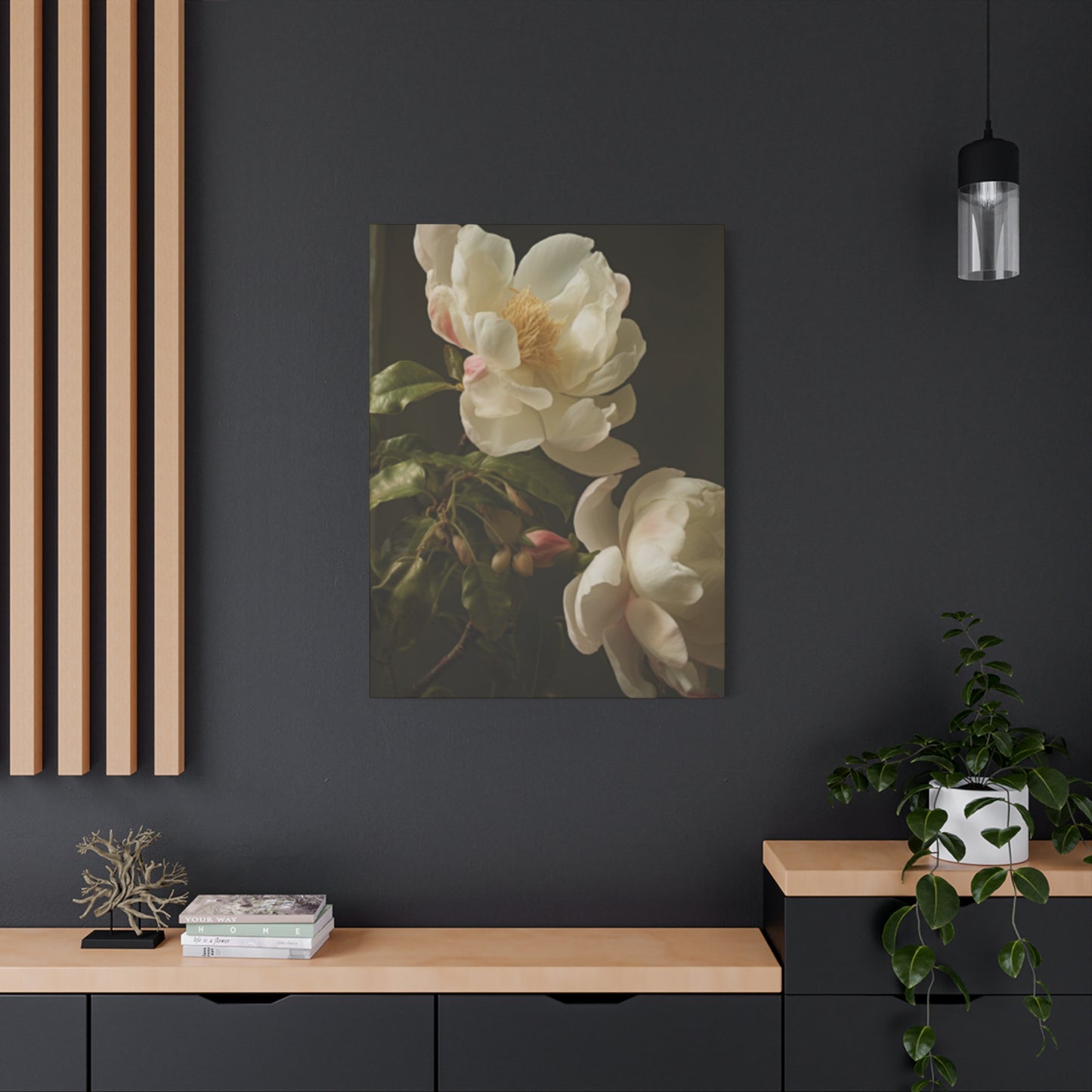 White on Black Background Magnolia Flower Wall Art & Canvas Prints