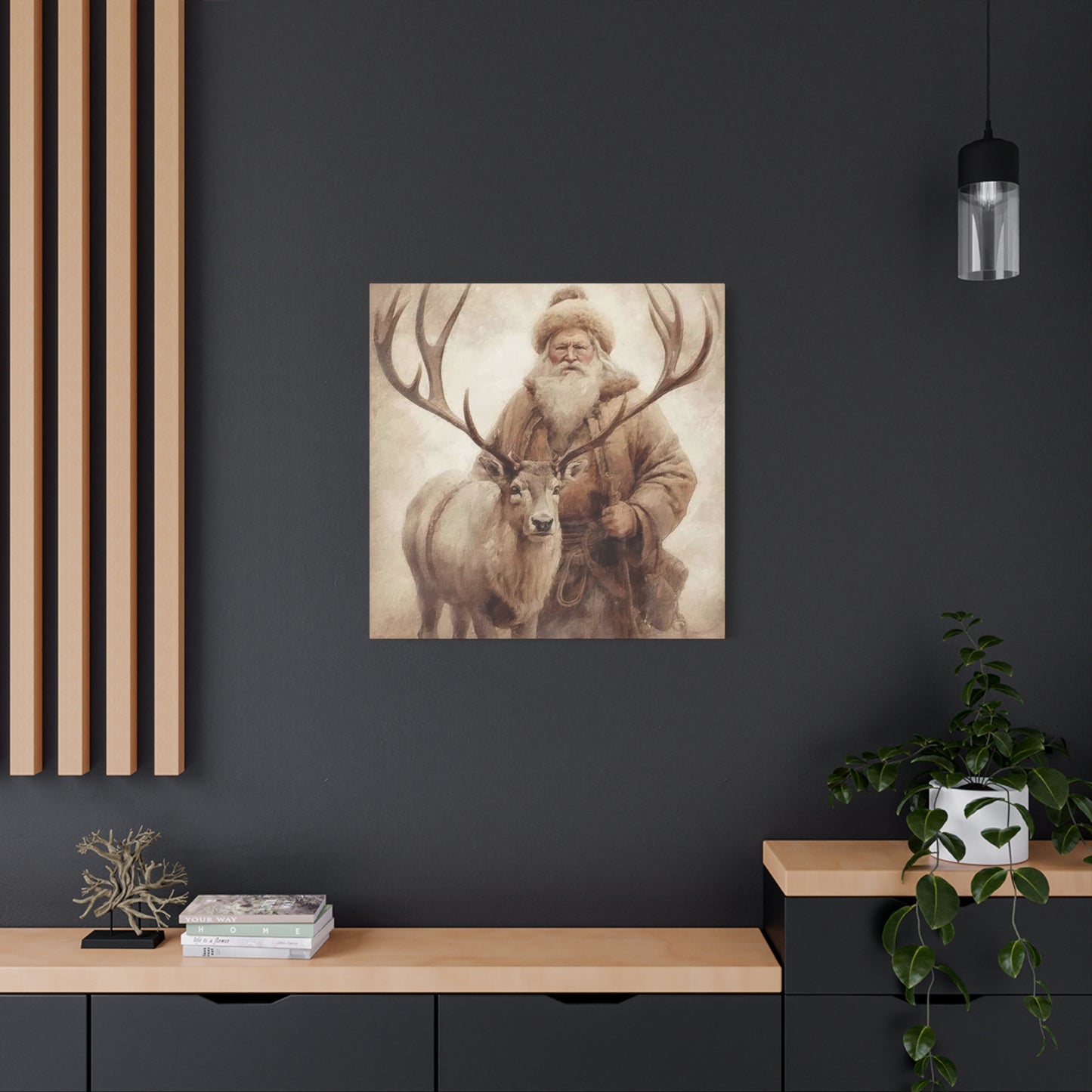 Santa Posing With Reindeer Wall Art & Canvas Prints