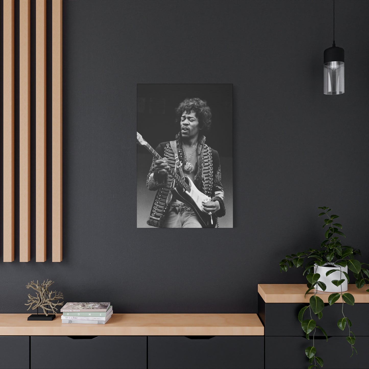 Greyscale Jimi Hendrix Playing Guitar Poster Wall Art & Canvas Prints