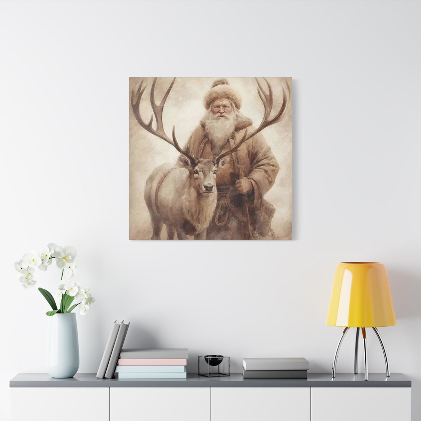 Santa Posing With Reindeer Wall Art & Canvas Prints