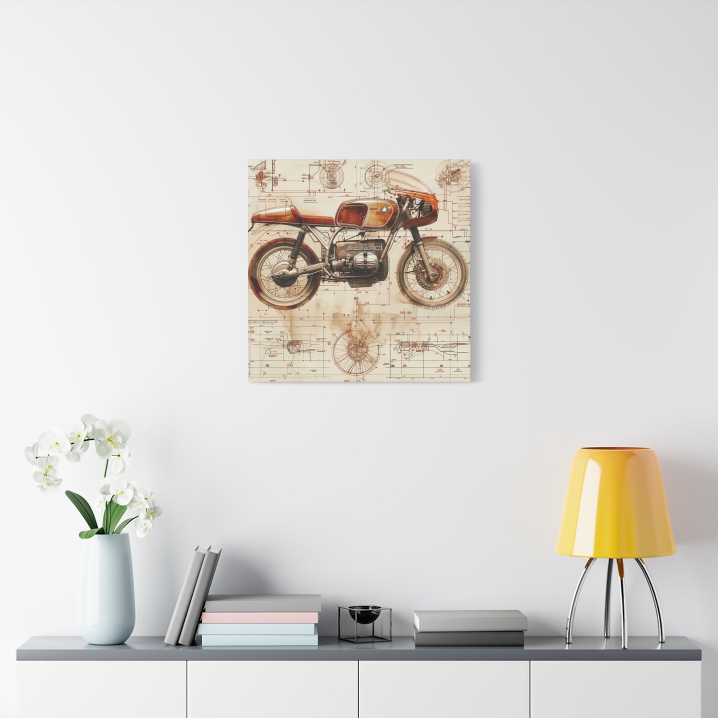 Retro Cafe Racer Blueprint Motorcycle Wall Art & Canvas Prints