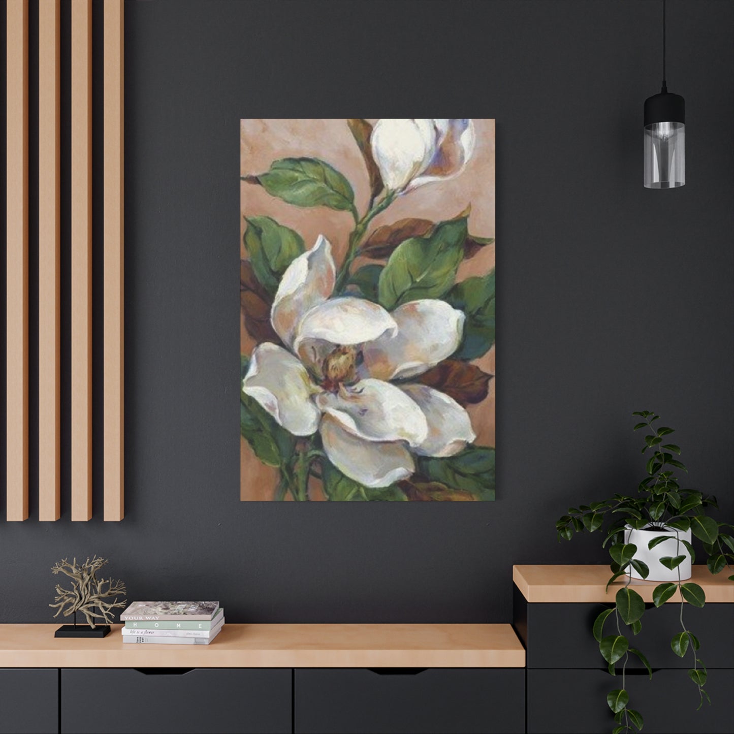 White Magnolia Flower with Leaves Painting Wall Art & Canvas Prints