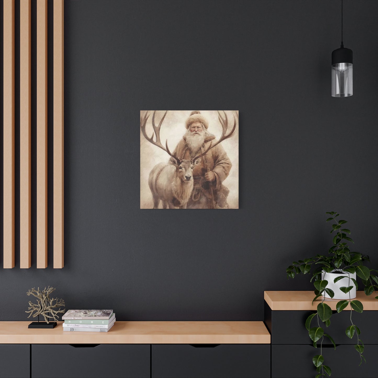 Santa Posing With Reindeer Wall Art & Canvas Prints