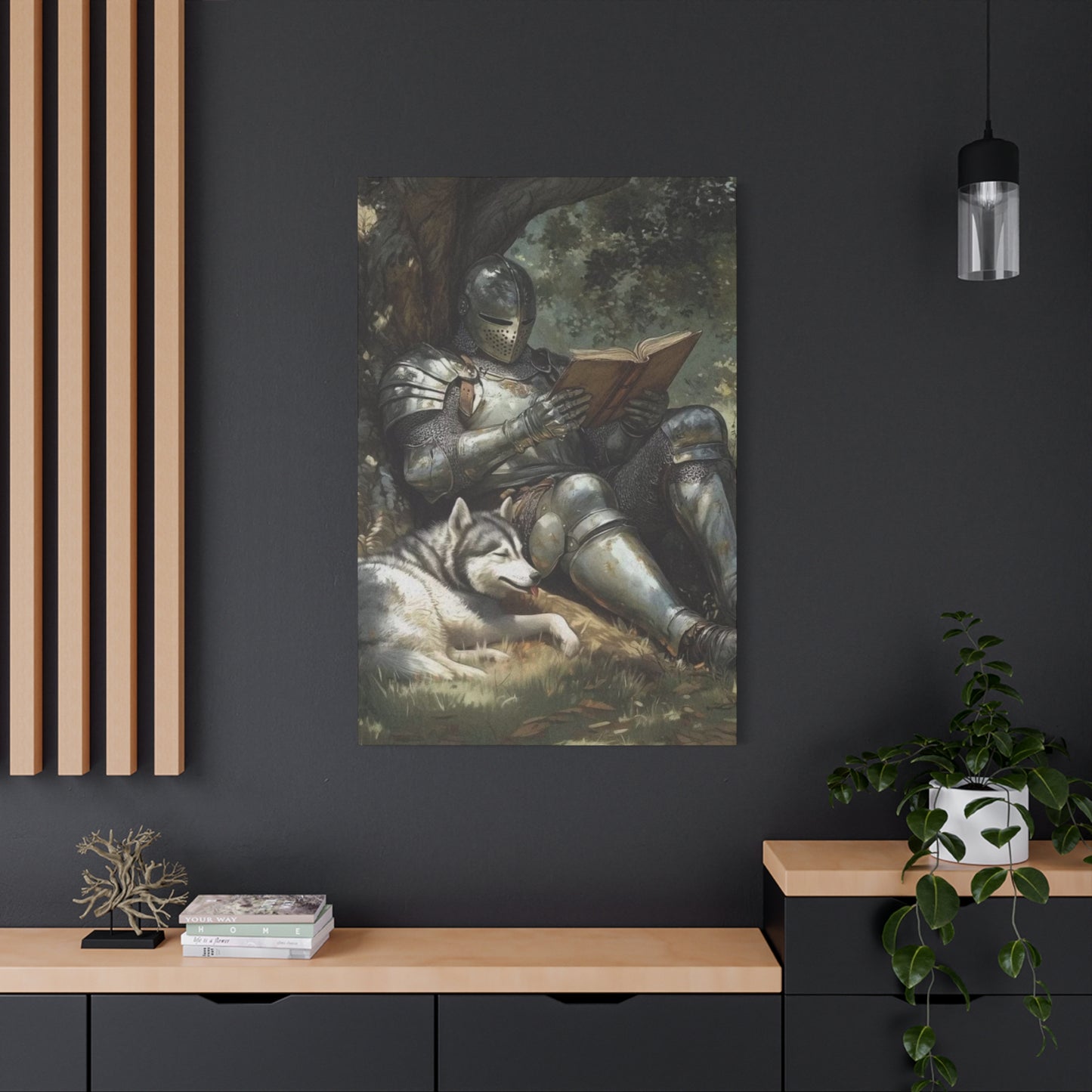 Warrior Reading Book with Husky Wall Art & Canvas Prints