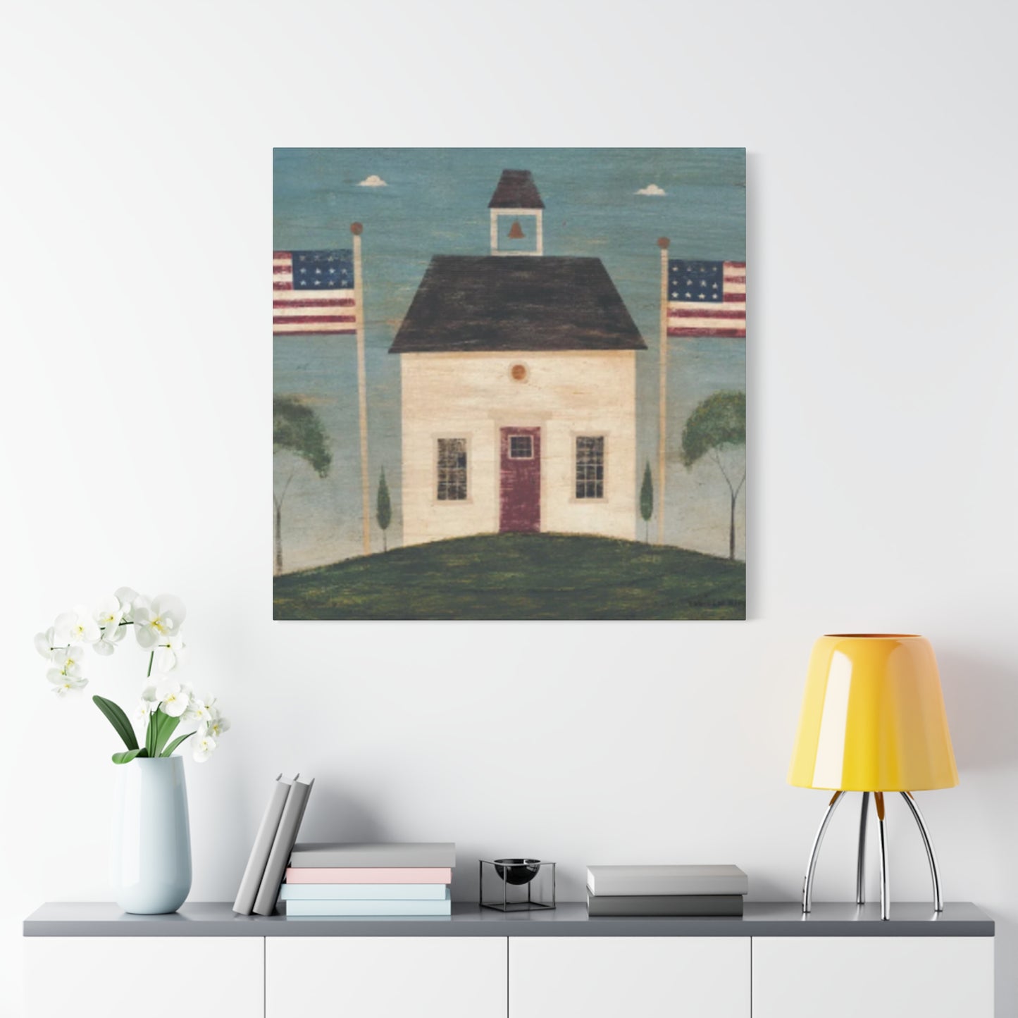 House with Two USA Flags Wall Art & Canvas Prints