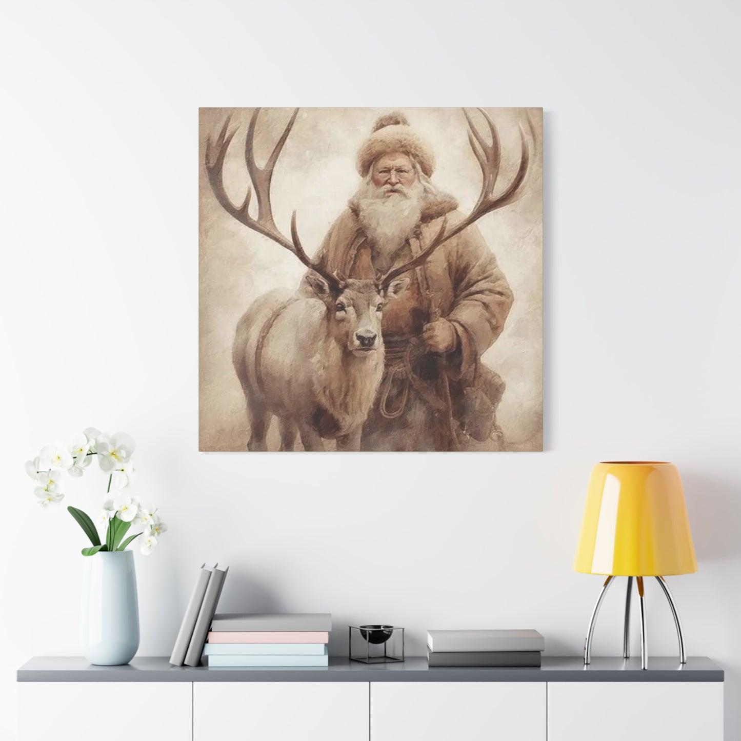 Santa Posing With Reindeer Wall Art & Canvas Prints