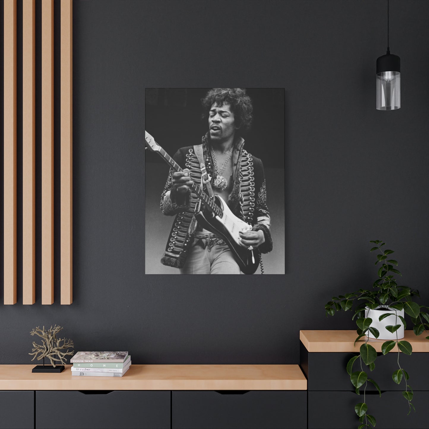 Greyscale Jimi Hendrix Playing Guitar Poster Wall Art & Canvas Prints